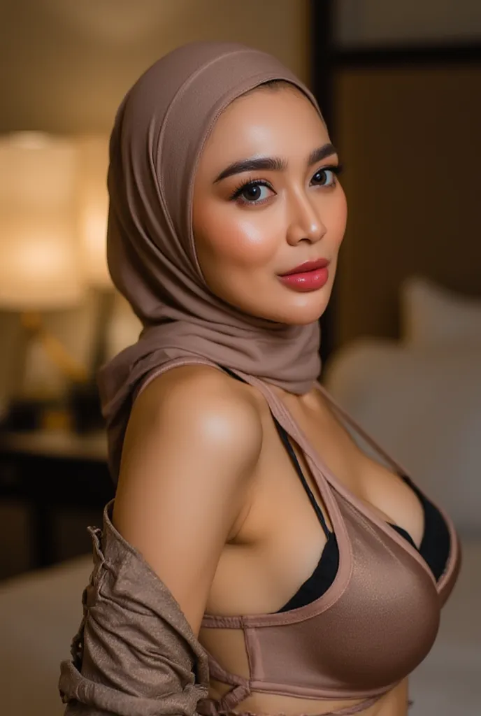 (Masterpiece: 1.2, Best Quality), Realistic, (Realistic Picture, Complex Details, Depth of Field), Best Quality, Masterpiece, Highly Detailed, Realistic, 1 mature, indonesian old wife, 45 Years Old, chest forward, big breasts, thin lips, beautiful and sedu...