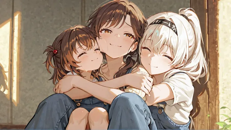 A mother and daughter hugging each other on their knees 
Madre: long hair, White hair, mouth shut,  smile, Hair band
Daughter: Short Hair, Brown hair, Hair Tie, eyes closed, Tears, 