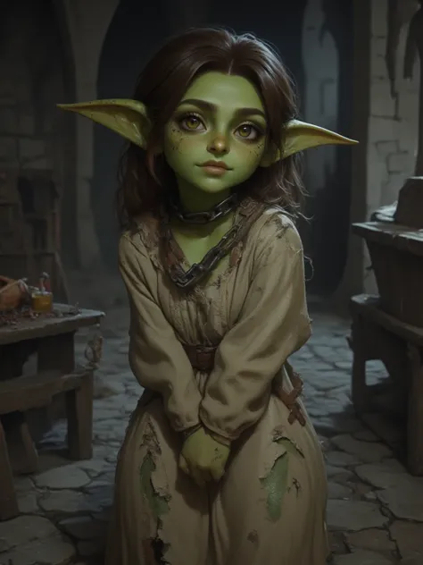 full shot of a short goblin slave girl with green skin, brown verry long hair, dirty face, attractive body, slave chain collar on her neck, worn out and ripped long dress, green skin color, medieval room background