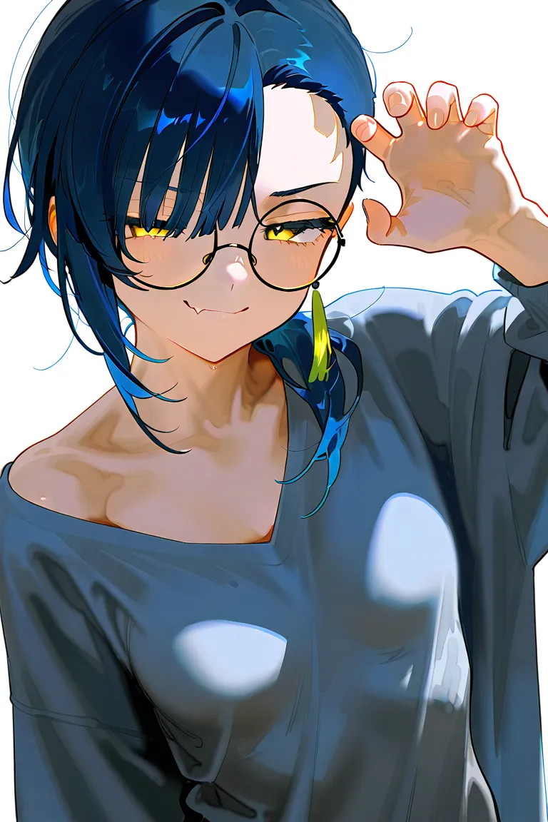 masterpiece, best quality, very beautifu, beautiful faces, upper body,(solo:2.0),

blue hair,short ponytail,long bangs ,(side shave:1.4),
yellow eyes,half closed eyes,
Smug mouth with fang,

(skinny:1.2),(bony:1.2),small breasts,

wearing round glasses,Tas...