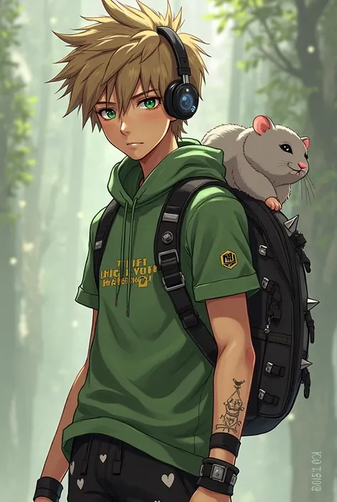 light brown hair, werewolf cut, with green creeper short sleeve poleron, with spiked bracelets,  light leather balcony,  green eyes, with black lenses for seeing, with a scar on one of his eyes, black shorts with heart designs, a gray hamster ranger, black...