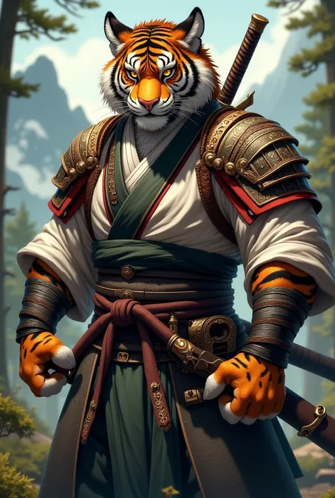 Cool tiger beastman　Samurai wearing a kimono　 Strong Man Style　It feels like hanging it on your shoulder with the blade of a stripped sword facing up