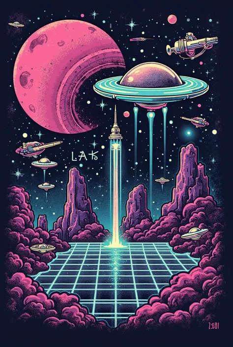 "Design a retro-futuristic T-shirt inspired by classic sci-fi aesthetics. Use bold, vintage typography with a slightly distressed look, combined with space-age elements like flying saucers, neon grids, robots, or astronauts. The color scheme should reflect...