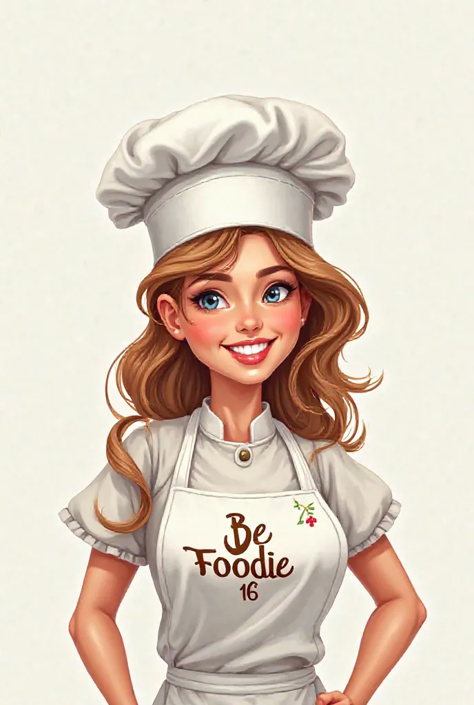 Here is the prompt:

"Create a logo featuring a stunningly beautiful, young, energetic female chef with a bright, infectious smile, wearing a crisp white chef's hat and a matching apron with the text 'Be Foodie 16' integrated into the design. The logo shou...