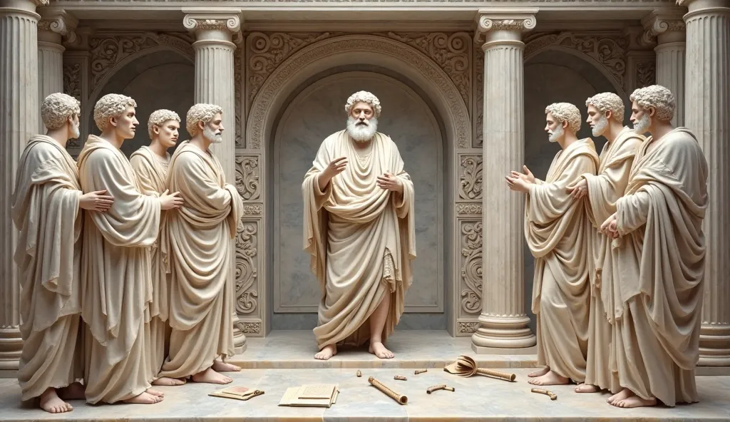 An intricately carved frieze depicting Marcus Aurelius teaching his disciples in a classical Greek academy, surrounded by students in togas, with scrolls and books scattered around a marble courtyard