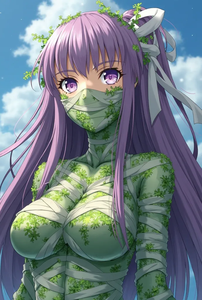 Kingprotea from the video game Fate/EXTRA CCC is a giant version of Sakura covered in bandages and green moss, one of her eyes is pale purple; the other is usually covered in a bandage, she has extremely long purple hair that goes down to her lower body, a...