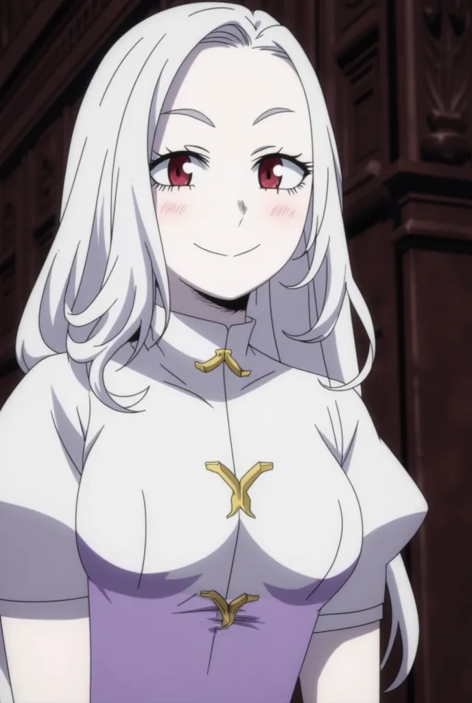 Boku no hero academia  screencap of a female with . She has white long hair,white skin,red eye,  She is wearing 19th century old dress.  smiling.background 19th century.bones inc.Boku no hero screencap.