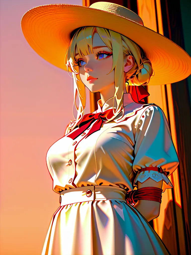 A woman with long hair tied up, light yellow hair, light blue eyes, wearing a white skirt, wearing a cute hat