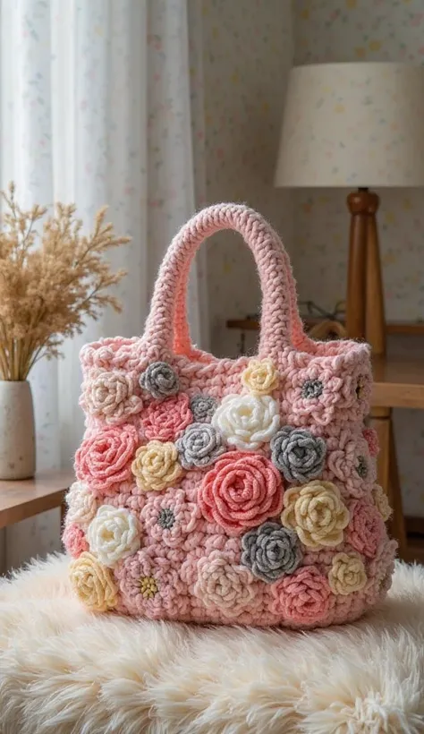 Nice stylish one bag design crochet with wool luxury small cute new flowers design on wool simple one bag and separate different design color full view pic full room view zoom out one cushion on small table simple fresh bright 