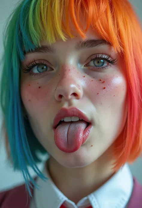  young woman、 bright rainbow-colored hair 、 well-equipped skeleton  、 Emma Myers、stretch out your tongue 、Tongue fetish、  wearing a high school girl uniform  、 makeup skin  、 very finely made needles 、I Sweated, glowing skin 、 Smooth, Straight Hair 、 Sweat...