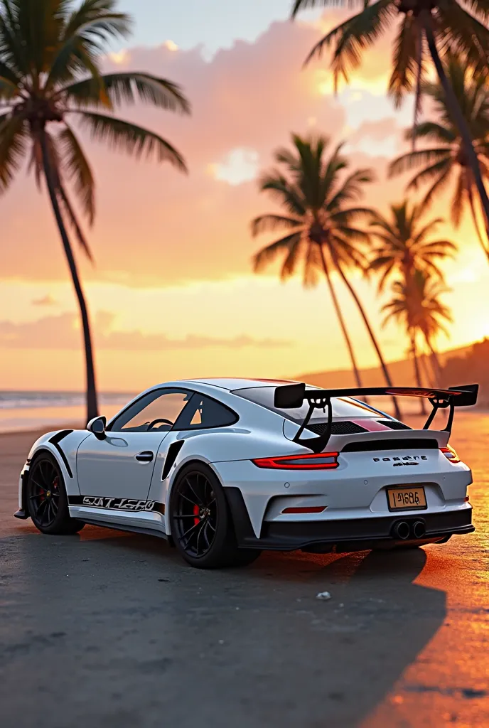 Porsche gt3rs in front of picture at the beach with palm trees and sunset car color white