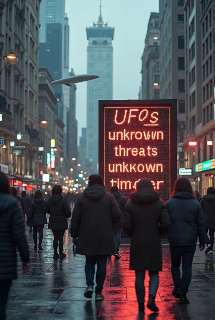 “Propaganda e Controle Social”
🔹 Descrição: A digital panel in a large city displays warning messages about UFOs and unknown threats.  People walk in a hurry , looking at their cell phones with anxious expressions. The scene transmits an air of surveillanc...