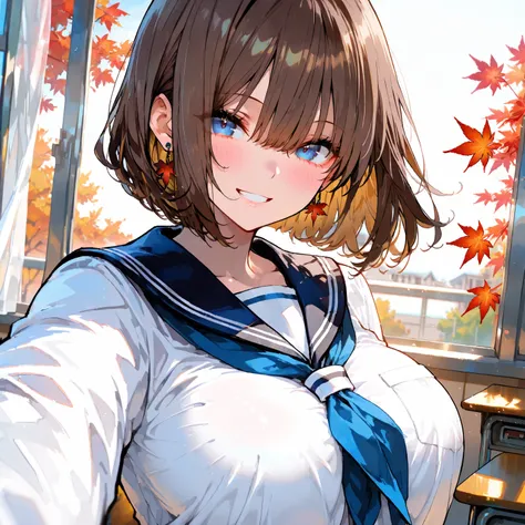 (Highest quality), (Super detailed), ( best illustration), (masterpiece), Insane Details,  score_9,  score_8_up,  score_7_up, 4K, (woman), Alone, ( Selfies:1.2), ( serafuku), (big breasts:1.2), {brown hair, ( maple), (bob cut:1.3),  curly hair, hair hangin...