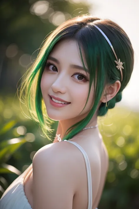  1 girl, Alone,  hair ornament,  green hair,  twin tails,  long hair,  dress, water,, Mid-range portrait photography (Farzan) From Genshin Impact ,,  Dark Fantasy Backdrop , Charming grin.,  ultra-realistic and highly detailed intricate photorealistic anal...