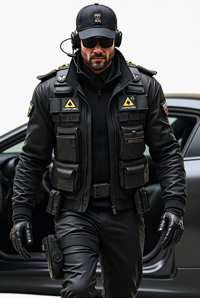 r security-style gear, branded with "Cupra Gang Security." Here’s a breakdown of key elements:

Appearance & Style:
The man is wearing an all-black outfit, including:
A leather tactical vest with the "Cupra Gang Security" logo.
A black cap featuring a tria...