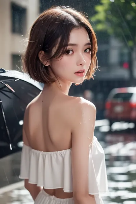 (( best quality , 8k, Masterpiece:1.3)), concentrated:1.2,  perfect body beauty:1.4, Ass:1.2, (( Layered Haircut , chest:1.2)), ( wet close :1.1) , (rain, street:1.3),  bandeau dress: 1.1,  Highly Detailed Face and Skin Textures ,  beautiful eyes,  double ...