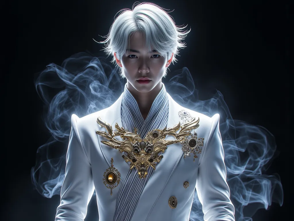 Male Aura Light, Beautiful Silver Aurora, Unleash magical powers, 20 year old man, Very handsome , Korean Series Stars, White skin, handsome, ผมดำ,  short hair มากๆ,  short hair , classic side part hairstyle, black background, Masterpieces, of the best qua...