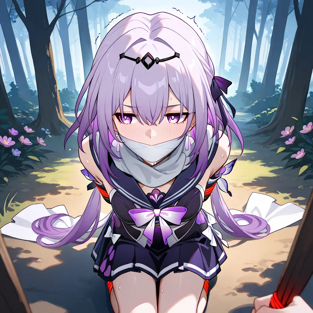 masterpiece, best quality, 1 girl, castorice \(honkai star rail\), purple hair, long hair, hair between eyes, branch, earrings, flower, sailor uniform, detached sleeves, white scarf, long scarf, scarf around neck, sailor collar cape, cape, small breast, pu...