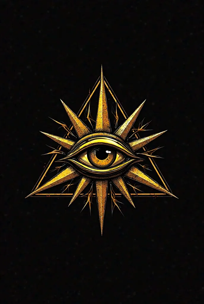 Gold and black stylized all-seeing eye within a triangle. 


A stylized all-seeing eye, with a gold hue and detailed features, is centered within an outlined black triangle.  The eye is surrounded by a radiating pattern of gold, stylized sunburst or spear-...