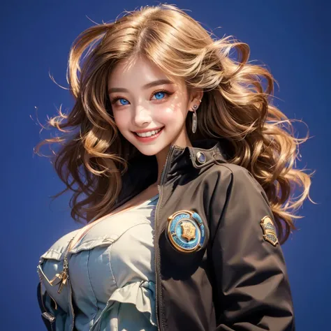  big breasted woman、light Aqua blue eye、big eyes、Wear a jacket with a badge、earrings、 walkie talkie 、Highest quality、Greatest Masterpiece、makeup、(Grinning expression:1.5)、 real 、Photo、4K High Resolution、Studio Lighting、realistic、Portrait、digital art