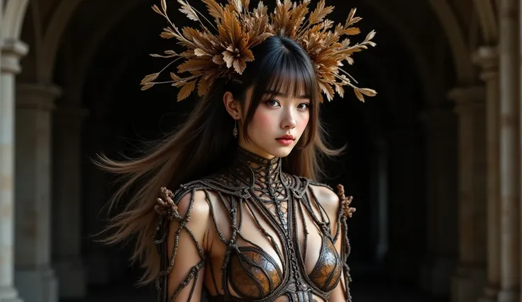 A fierce model wearing a avant-garde outfit made of dried leaves and glossy leather, resembling a miniature forest. The costume is intricate, with textures of bark and foliage. She walks confidently, her expression strong and determined. The background is ...