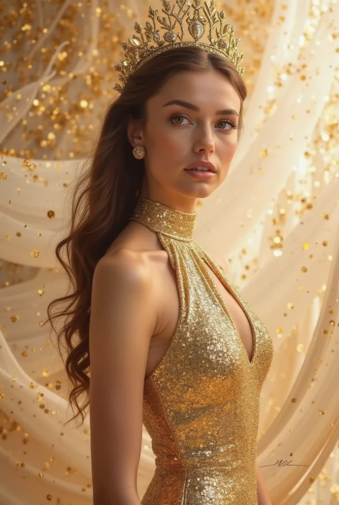 a woman in a stunning gold metallic gown that glimmers elegantly. The dress has a halter neckline and a fitted silhouette, accentuating her figure. She is wearing a golden crown-like headpiece with intricate details, complementing her overall regal appeara...