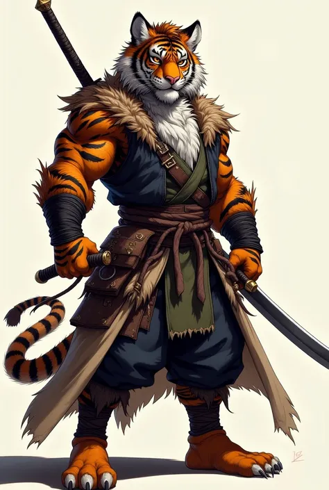 Cool tiger beastman　The samurai wearing a coat　 Strong Man Style　is hanging it on the shoulder with the blade of the slouted sword facing up　has a sword stuck to one side