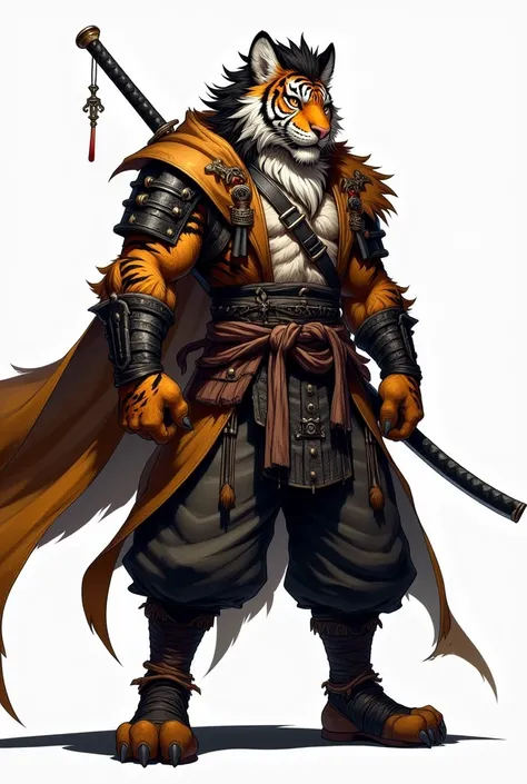 Cool tiger beastman　The samurai wearing a coat　 Strong Man Style　is hanging it on the shoulder with the blade of the slouted sword facing up　has a sword stuck to one side