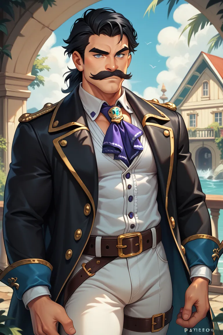 (solo), ((from front)), Human, Male, ((age 30, adult character)), (black hair, middle-aged), long black hair, (pirate clothes), Purple collard shirt, white pants, grey eyes, black coat, (Mustache), muscular, stern expression, portrait, Purple trimming, bel...