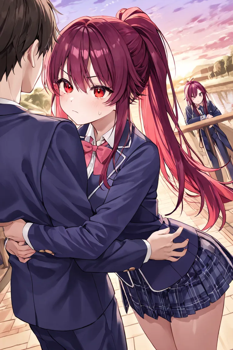  navy blue blazer、 red eye color、 maroon hair、long hair、ponytail、 beautiful and slender high school student、Scenery of the crossing、evening、 serious expression、View this from the front、 hug you