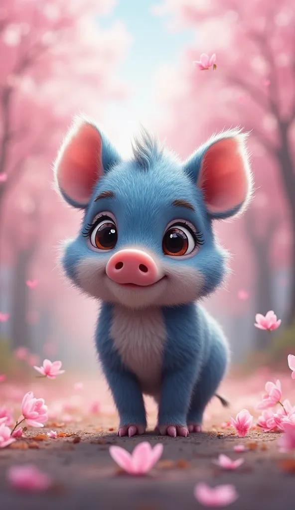  Fantastic　 realistic footage　 Compa　Beautiful cherry blossoms　Cherry blossom petals fluttering slightly　A cute blue-colored baby boar with wide eyes