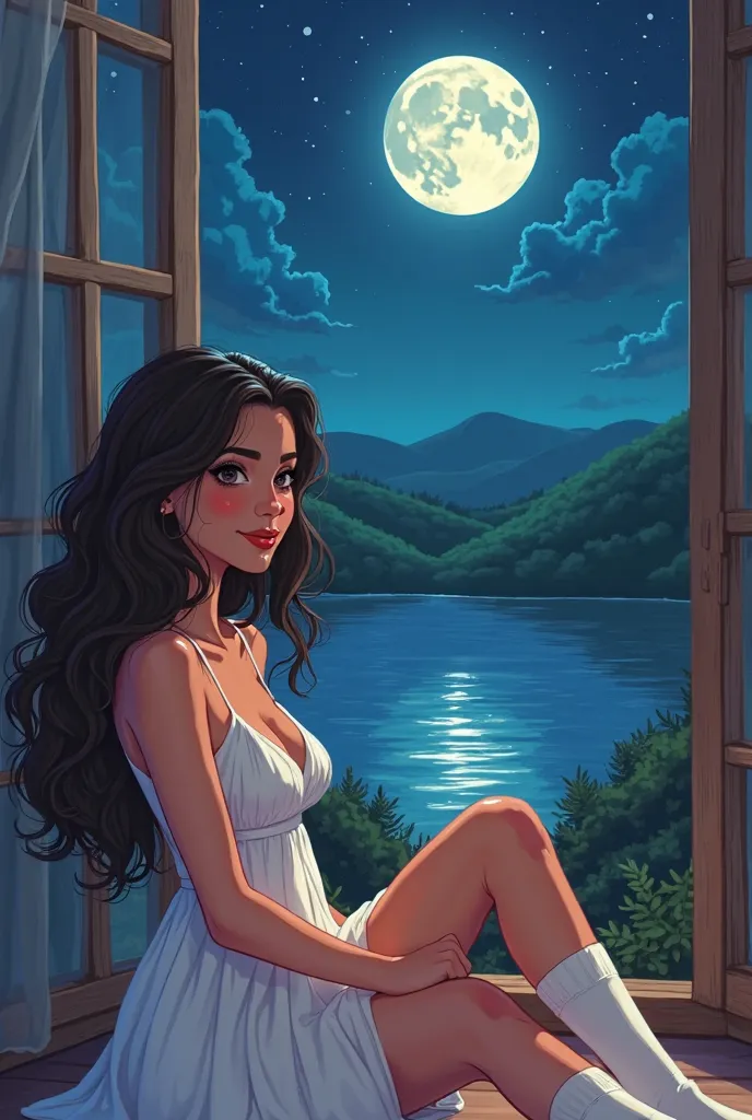 A beautiful cartoony Mexican American woman in her 20s, wearing a beautiful white dress, white socks over her leggings, cartoon style, beautiful brunette hair cascading down, with cleavage, cute smile,, while down sitting down on a chair, looking over a la...