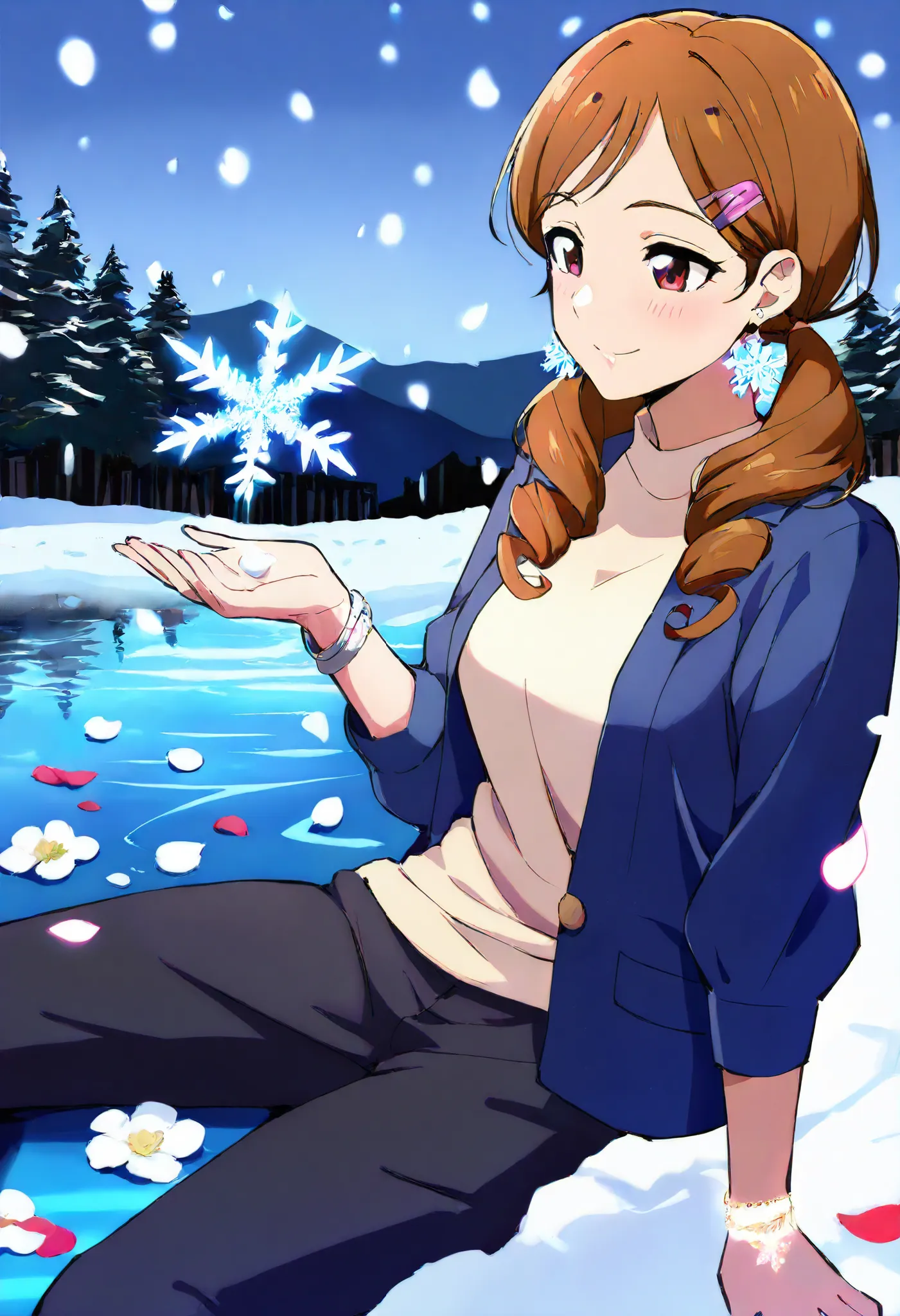 anime, girl,  hair clip, mother,  pants,  eyes are blue, perfect anatomy, long hair, decorations,  earrings, bracelet, pigtails, curly hair, background snow , houses, It's snowing, snowflakes, beautiful, frozen lake,  flowers, trees,  petals , best quality...