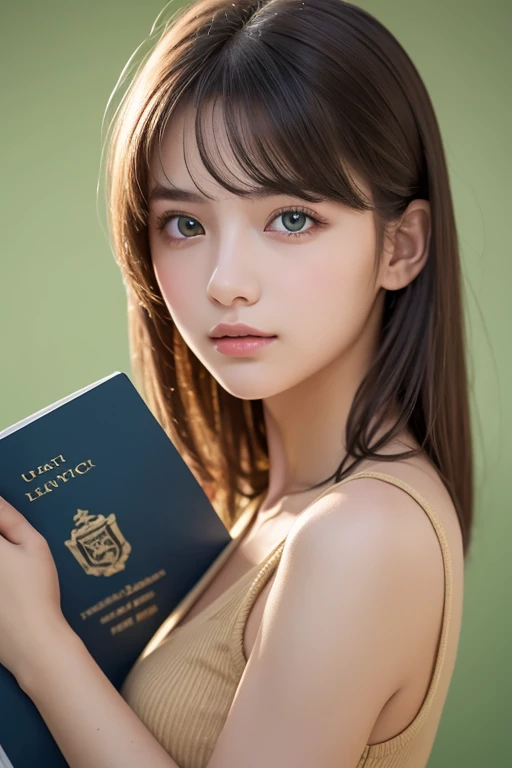 masterpiece, top quality , ultra detail), Portrait of an 18-year-old woman with light brown hair, Green round eyes, blue shorts ( Technical Background ) and reading a brown book - Auto Ultra Realistic