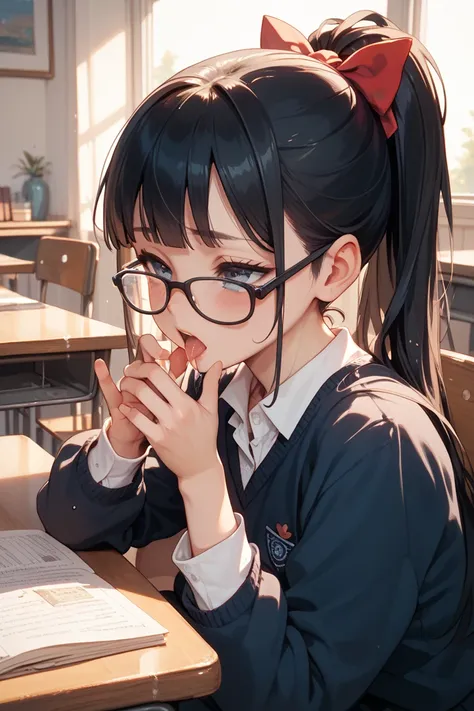 Elementary school girl elementary school６Black hair ponytail dying from masturbating with glasses