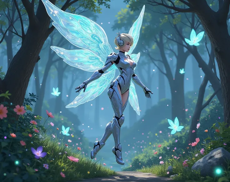 "A magical anime mecha girl with ethereal wings and a shimmering armor, soaring through a mystical forest filled with glowing plants and magical creatures."