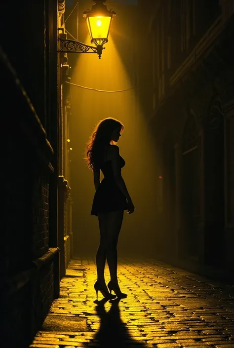 A dramatic and atmospheric night scene featuring the silhouette of a woman standing under a vintage street lamp in a narrow, cobblestone alley. The woman wears a short dress and high heels, her posture poised yet contemplative. Her long hair cascades down ...