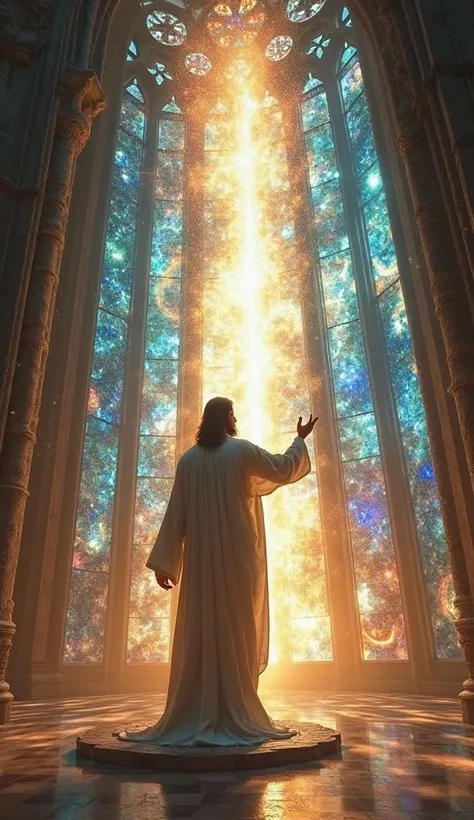 Jesus stands inside a towering cathedral made of pure light, stained-glass windows depicting the universe itself. As He raises His hand, the entire structure hums with celestial energy, and waves of divine harmony flow through all who stand in His presence...