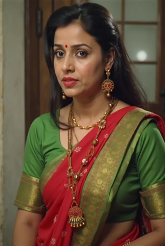 a woman in a green and red sari is looking at the camera, a screenshot inspired by T. K. Padmini, trending on cg society, samikshavad, news segment, news broadcast, wearing sari, actress, wearing a sari, evening news program, news report, sari, youtube vid...