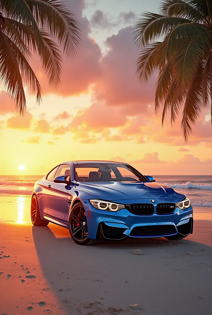 BMW m4 comp at beach with sunset and palm trees