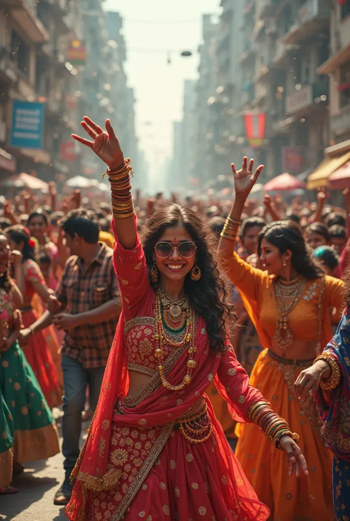 A big desi crowd dancing in the background on the mumbai streets 