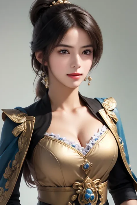 The upper body of a female warrior wearing golden armor and cloak, 1 person,  cute ponytail  ,20 years old, (((Real Face))), slightly larger breasts and cleavage,  reveal cleavage,Scary face,  very fine face and skin texture , staring at the camera,   Chin...