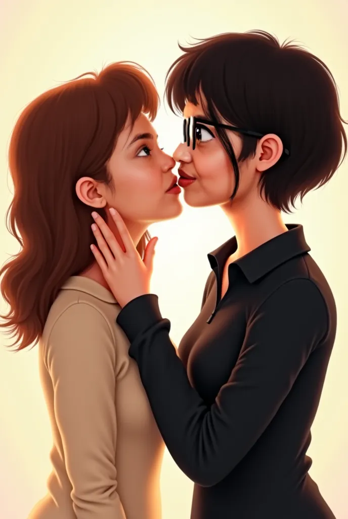 I want a pixar-like image of 2 16-year-old girls, the first girl is looking at the camera smiling and has brown hair underneath her breasts and also has a cream blaizer, the second girl is in profile kissing the cheek of the first girl while her hand is ho...