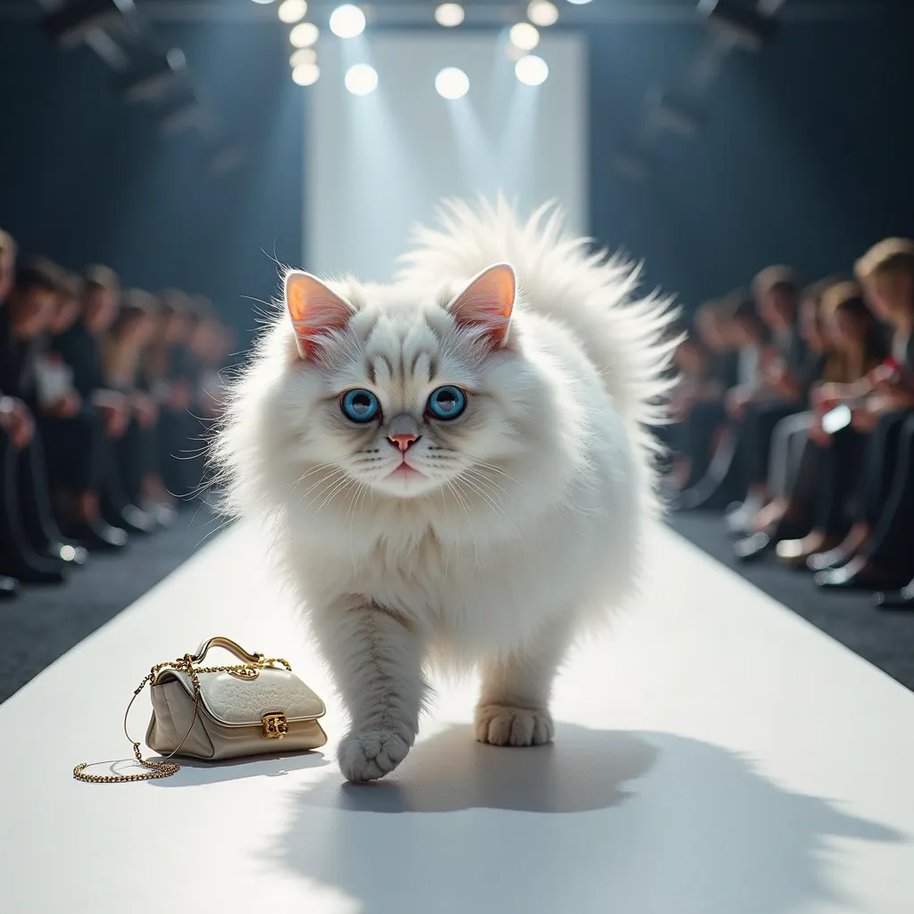 A stylish white Persian cat wearing Fendi shoes, walking on the ramp but hilariously tripping over a designer bag.