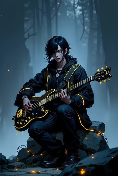  male in his 40s、Beardless、Long hair asymmetry、has yellow light lines on my clothes、Carrying a bass guitar、The background is evening、 cyber、around one eye、I'm sitting cross-legged on a skeleton、My eyes are shining yellow、Clothes look rock、The bangs cover o...