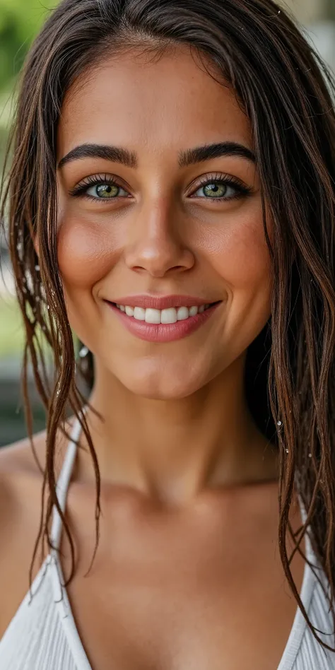 Hyper realistic eye level exterior photo Create a photorealistic, healthy Brazilian female model in her early 20s. Water cascades onto her hair and face, leaving glistening droplets and streams elegantly flowing down her skin. She wears a subtle, satisfied...