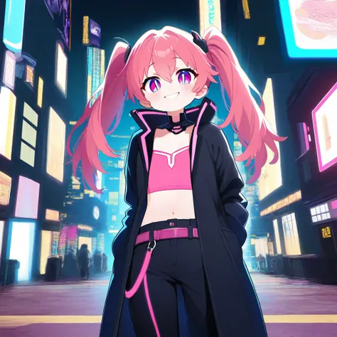 1girl, crop top, pink hair, twintails, smile, slit pupils, short pants, cyberpunk, bad girl, flat chest, loli, overcoat, navel, cyber gun, (masterpiece, best quality, ultra detailed),