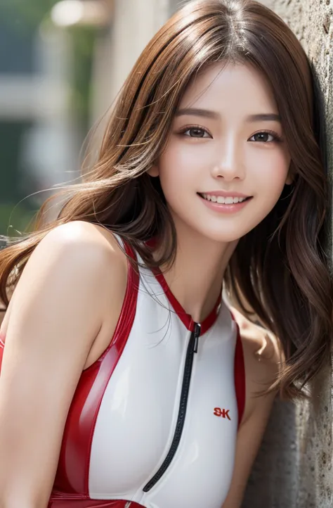 (( best quality 、8k、​masterpiece:1.3))、 sharp:1.2、 perfect body beauty:1.4、 slim abs:1.2、big、((red latex racing suit:1.3))、(circuit:1.2)、Perfect dynamic composition of a beautiful and beautiful woman 、 wavy hair、 very detailed顔と肌のテクスチャ、 detailed eyes、doubl...