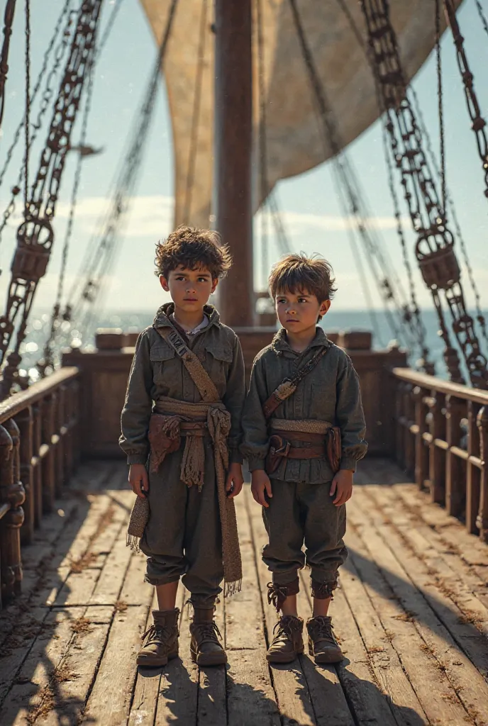 Two captured Patagonian boys on the deck of a 16th century sailing ship.