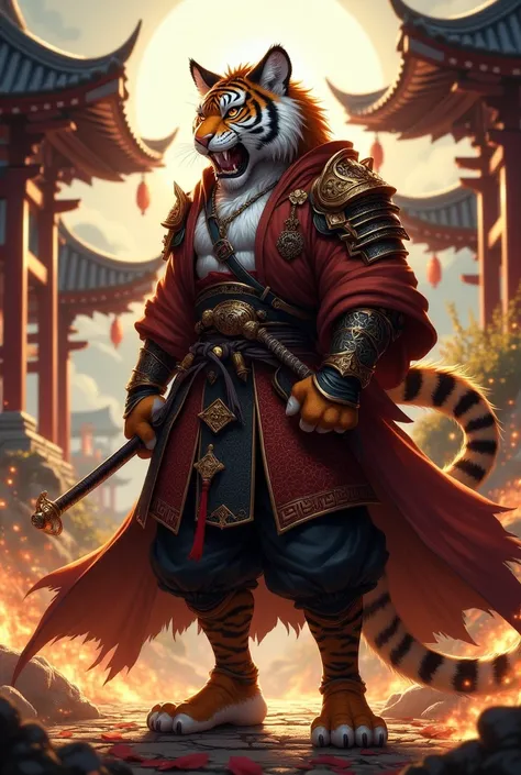 Cool tiger beastman　The samurai wearing a coat　 Strong Man Style　He holds the sword of the Exorcism in one hand　 looking back